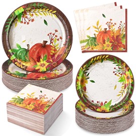 Homlouue 200 Pcs Fall Paper Plates and Napkins, Thanksgiving Plates and Napkins Sets, Fall Pumpkins Plate Disposable Party Supplies, Heavy Duty Thanksgiving Paper Plate Disposable (9" & 7" Plates)