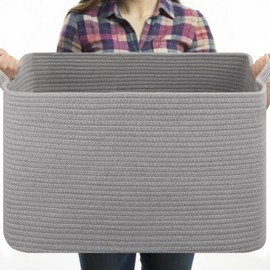 OIASKET Large Blanket Basket, Blanket Storage Living Room, Woven Baskets for Storage, Diry Clothes Basket, Rectangle Storage Basket for Toys, Towels, Blanket Organizer Bins (Light Grey)