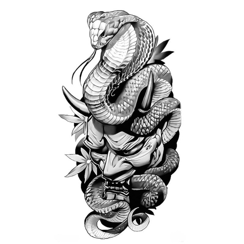BeyondTattoos 2 Sheets Cobra Tattoo Japan Tattoo Hannya Oni Mask
