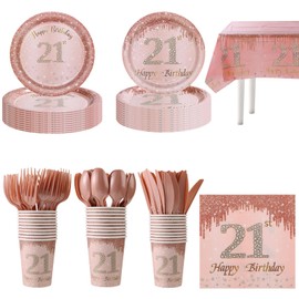 20Sets 21st Party Supplies Paper Disposable plates Cups Napkins Plastic Forks Knives Spoons Tablecloth Serve 20 Guests for Women 21st Birthday Party Wedding Graduation