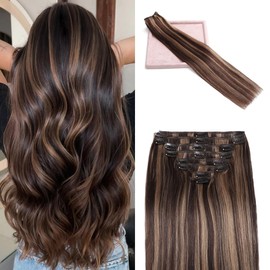 POGINJA Clip in Hair Extensions Real Human Hair, Remy Human Hair Extensions Clip ins for Women, 100% Natural Human Hair, Double Weftm, 14inch 80g 8Pcs, #2/6 Dark Brown to Chestnut Brown
