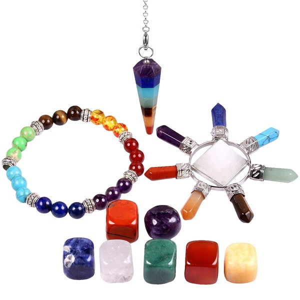 mookaitedecor 7 Chakra Crystals Healing Stones Kit / 10 Pc, Tumbled Stone Set, Rock Quartz Energy Generator, Elastic Bracelet & Pendulum for Reiki Balancing