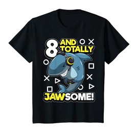 Kids 8th Birthday Gamer Shark Funny "eight & Totally Jawsome" Pun T-Shirt