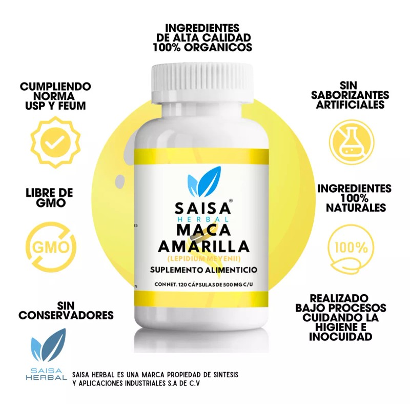 Saisa Herbal Maca Amarilla Orgánica 100% Pura Con 120 Cáp