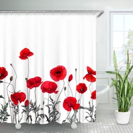 LIVILAN Poppy Shower Curtain Red Shower Curtains for Bathroom Floral Shower Curtain Red Flower Shower Curtain with Hooks Decorative Bright Flowered Fabric Red White Machine Washable, 72" W x 78 H