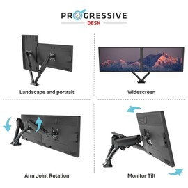 Progressive Desk Dual Gas Spring Monitor Mount Stand - Fits 10"-27" Monitors - ±180° Monitor Rotation - Arm Holds Up to 20 lbs per Arm