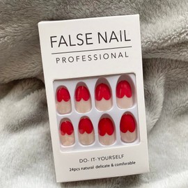 Valentine's Day Press on Nails Almond Medium Red Heart-Shaped French Tips Fake Nails with Nail Glue Valentine's Day Love Red Acrylic Full Cover Nails for Women Girl