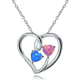 GemStar USA Sterling Silver Synthetic Pink & Blue Opal Double Open Heart Necklace