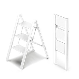 WOA WOA 3 Step Ladder, Foldable Step Stool, Aluminum Lightweight Ladder for Home Kitchen Closet, Anti-Slip Pedals, Ease of Folding, Portable, 300lbs Capacity - White