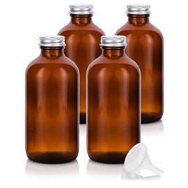 JUVITUS (4 Pack) 8 oz Amber Glass Boston Round Bottle with Silver Metal Screw On Cap Refillable Empty Storage Containers