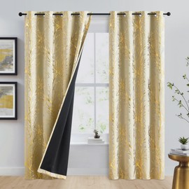 Fmfunctex Beige Gold Blackout Curtains for Bedroom 72 inch Drop Eyelet Curtains for Living Room Tree Branch Foil Thermal Insulated Window Curtain Panels 2 Panels