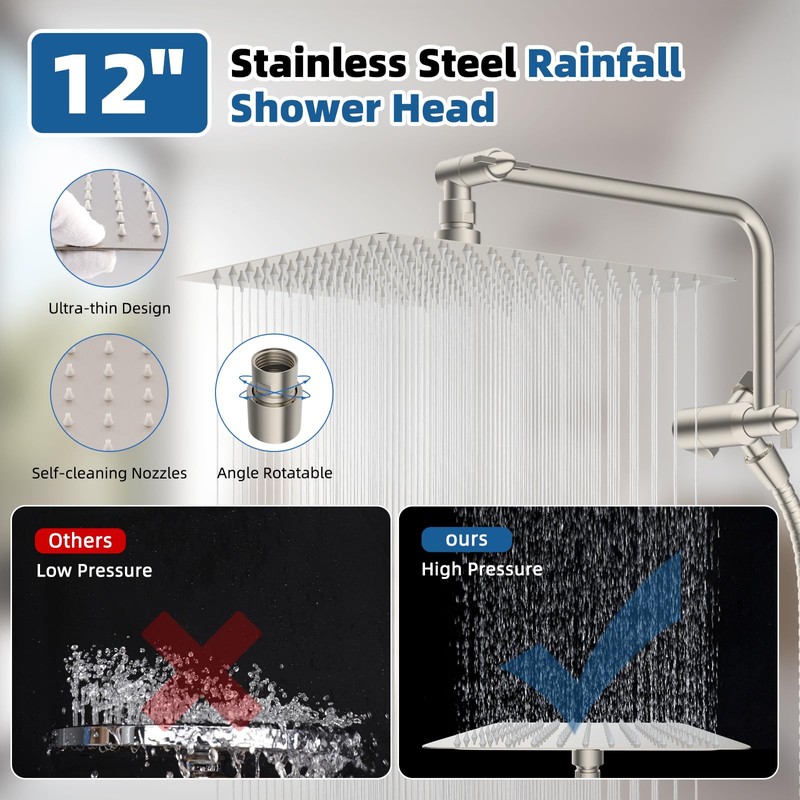 12" All Metal Shower Head, High Pressure 10-Spray Handheld Showerhead