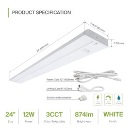 ASD 24 Inch LED Under Cabinet Lighting Plug in or Hardwired, High/Low/Off Switch, 12W 120V 3 CCT 2700K/3000K/4000K CRI90+, Triac Dimmable Linkable Under Counter Lights for Kitchen, ETL Listed, White