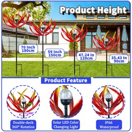 Large Solar Wind Spinners Outdoor for Yard Decor,70 inch Multi Color Tulip Wind Spinner,Outdoor Metal Wind Sculptures & Spinners with Stake,Wind Mill for Yard Art Lawn Garden Decor
