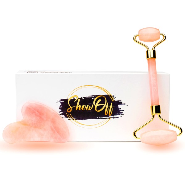 Facial Jade Roller Pink by ShowOff - For younger you! Jade Roller Gua Sha Massage Tool Set - Beauty Facial Skin Roller Massager Muscle Relaxing Relieve Wrinkles - Handmade Original Natural Rose Quartz