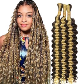Hxxcoup Human Braiding Hair for Boho Braids, Deep Wave, Bulk Total 150 g, 3 Bundles, 55.5/55.5/56.5 cm Human Hair Extension, Unprocessed, No Weft, P4/613, Highlight Blonde for Women