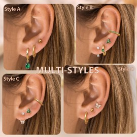 Roheafer 8 Pairs Gold Earrings Set for Women Hypoallergenic 316L Surgical Steel Medical Stud Earrings Flat 14K Gold-Plated Stud Cartilage Earrings, Stainless Steel, Cubic Zirconia