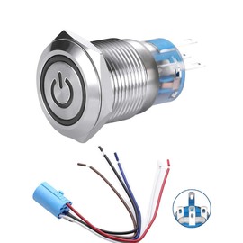 WerFamily Power Symbol 12V Blue LED 19mm Latching Push Button Switch 1NO 1NC SPDT ON/OFF Waterproof Stainless Steel Metal Round with Wire Socket Plug