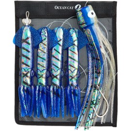 OCEAN CAT Teaser Chain Trolling Lure Saltwater Fishing Lure Bag with Circle Hook and Fishing Line Fully Rigged Teasers for Wahoo Tuna Marlin Mahi Mahi (#035-Blue, 9in+6in+7/0)