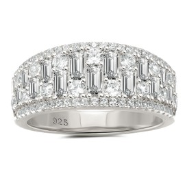 Wuziwen Wide Wedding Bands for Women Round and Baguette Eternity Anniversary Ring 925 Sterling Silver Cubic Zirconia Size 8