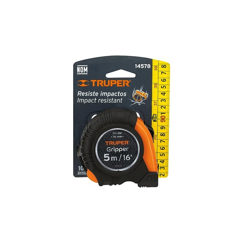 Truper FH-5M, Flexómetro Gripper, contra impacto, 5 m, cinta 19