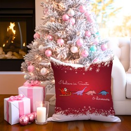 Funny Christmas Pillow Cover 18x18 Inch - 'I Believe in Santa & Dinosaurs' Design for Dinosaur Lovers - Festive Decorative Cushion Cover for Sofa, Bedroom, or Living Room, Holiday Decor