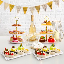 Teenyyou 20 Pack Dessert Table Display Set 8 Pcs 3 Tiered Cupcake Stand with Gold Edges 12 Pcs White Dessert Serving Tray for Wedding Birthday Tea Party Decorations(Square)