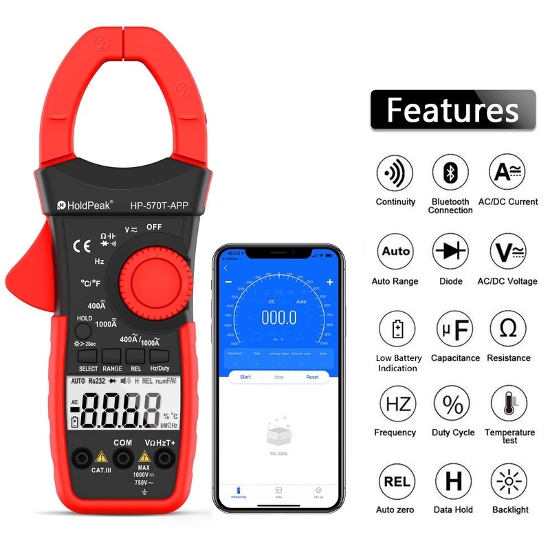 HOLDPEAK Handheld Clamp Meter with Bluetooth via APP, HP-570T-APP Digital