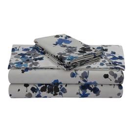 Tribeca Living Cotton Sateen Pillowcases Standard Size Set of 2 Bed Pillow Covers, Floral Print, 300 Thread Count, Luxury Bedding, Lisbon Blue