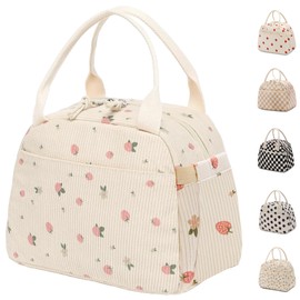 Carry bloom Lunch Box for Women, Insulated Lunch Bag Cute Corduroy Lunchbag Reusable Lunchbox for Work,Strawberry Pink