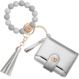 SNUG STAR Multi-Purpose Wallet High Capacity Card Holder Zipper Coin Purse with Wristlet Bracelet Keychain Silicone Beaded Bangle (Anti Theft Silicone Bracelet(16 Cards)-Sliver)