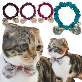 Caniribo Handmade Cat Ribbon Scrunchie Collar with Bell / Retro Flower Pattern Blue LM Size 27-28cm Made in Japan Lightweight
