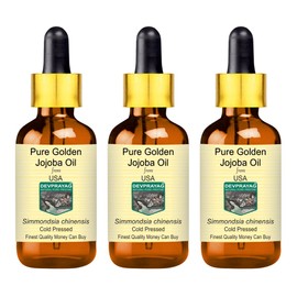 Devprayag Pure Golden Jojoba Oil (Simmondsia chinensis) with Glass Dropper Natural Therapeutic Grade Cold Pressed (Pack of Three) 100ml x 3 (10 oz)