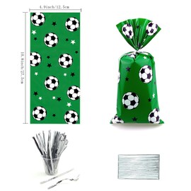 SaktopDeco 100 PCS Soccer Goodie Bags Treat Bags Soccer Gift Bags for Team Football Party Favor Bags Green Cellophane Bags Cello Bags With Silver Twist Ties