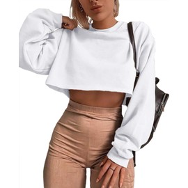 Artfish Women's Crewneck Long Sleeve Workout Casual Cropped Teen Loose Sweatshirts White M