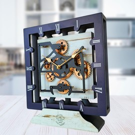 THE GEARS CLOCK Desk Clock 10 Inches with Real Moving Gear Square Convertible Into Wall Clock (Desert Beige)