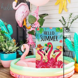 Tikeciti Hello Summer Flamingo Welcome Garden Flag 12 x 18 Inch Double Sided, Ocean Beach Tropical Plant Farmhouse Burlap Small Yard Flag Summer Seasonal Holiday Outdoor Outside Decoration