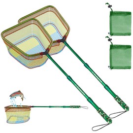 DaddyGoFish Kids Fishing Net - Extendable Telescopic Landing Net for Boy Girl Children Catching Small Fish Crab Shrimp Minnow Dragonfly Beach Pier Lake River Ocean (Style 2 (2 Pack, Green + Green))