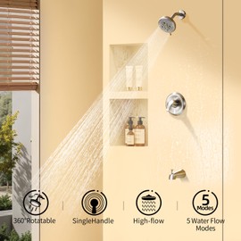 KINSE Tub Shower Faucet Set, 5-Inch Rain Shower Head and Tub Spout Single-Handle with valve kit included, and shower trim kit, Brushed Nickel shower head set