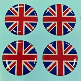 4 x 30mm Diameter UNION JACK FLAG Sticker/Decal - RED, WHITE & BLUE GLOSS DOMED