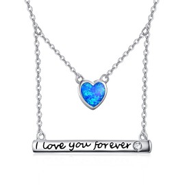 TANGPOET Bar Layering Necklace for Women Sterling Silver with Heart Opal Pendant I Love You Forever Jewelry Gift for Mom Daughter
