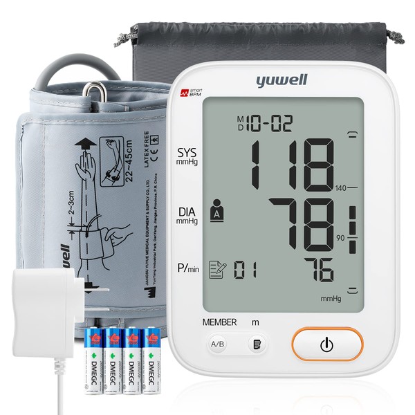 yuwell Blood Pressure Monitors/Machine for Home Use with Speaker, Automatic Digital BP Cuff 17.7 inch, Largest Backlit Display, AC Adapter, 2-Users, 198 Recordings