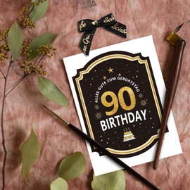 90th Birthday Bottle Label with Bow Black Gold Lacquer Finished 8.5 x 10.5 cm Happy Birthday 90 Birthday Decoration Birthday Gift Gifts for Women Men