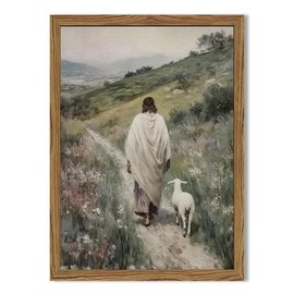 Jesus and Lamb Wall Art 3D Textured Hand Drawn Sandstone Lost Lamb Wall Decor, Jesus Leaves the 99 Sheep Christian Paintings Artwork for Living Prayer Room Bedroom 16x24 inch Wood Framed