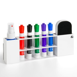 Slim Magnetic Dry Erase Marker Holder for Whiteboard, Space Saving Pen Organizer with Glass and Wall Mount Accessories for Fridge, Office, and School. Markers, Eraser, Cleaner Not Included (White)