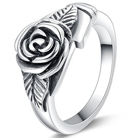 Jude Jewelers Retro Vintage Stainless Steel Flower Rose Promise Statement Cocktail Party Ring (Oxidized Silver, 4)