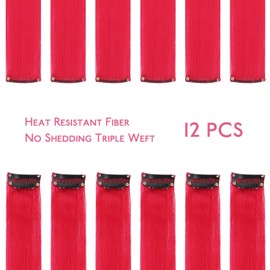 WENNALIFE 12 PCS Red Hair Extensions Clip in, Colored Clip in Hair Extensions for Kids Highlights Rainbow Hair Clips for Girls Synthetic Straight Pop-up Style Colorful Festival Girls Hair Accessories