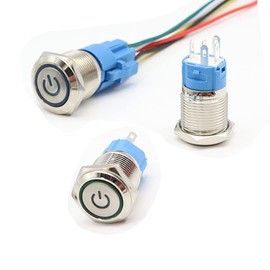 Hailege Locking Push Button Switch 16 mm 12V-24V 5A 1NO1NC Fixed Self-Locking Power Switch Stainless Steel Metal Angel Eye LED Light Key with Plug Wire