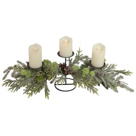 26" Triple Candle Holder with Frosted Foliage and Pine Cones Christmas Decor