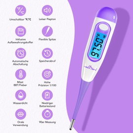 Easy@Home Basalthermometer Fruchtbarkeitsthermometer zur Zykluskontrolle und Eisprung-Tracking mit Premom APP, Digitales Thermometer mit blauer Hintergrundbeleuchtung LCD-Anzeige